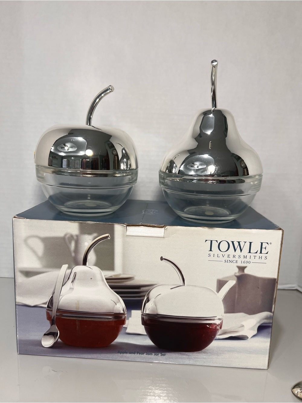 Towle Silverplate Apple & Pear Jam Jar Set - Silver & Clear - Picture 13 of 13